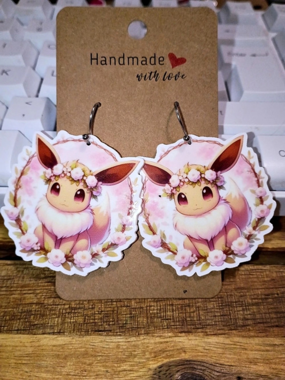 Handmade Floral Pink And Brown Pokemon Eevee Animal Fashion Earrings